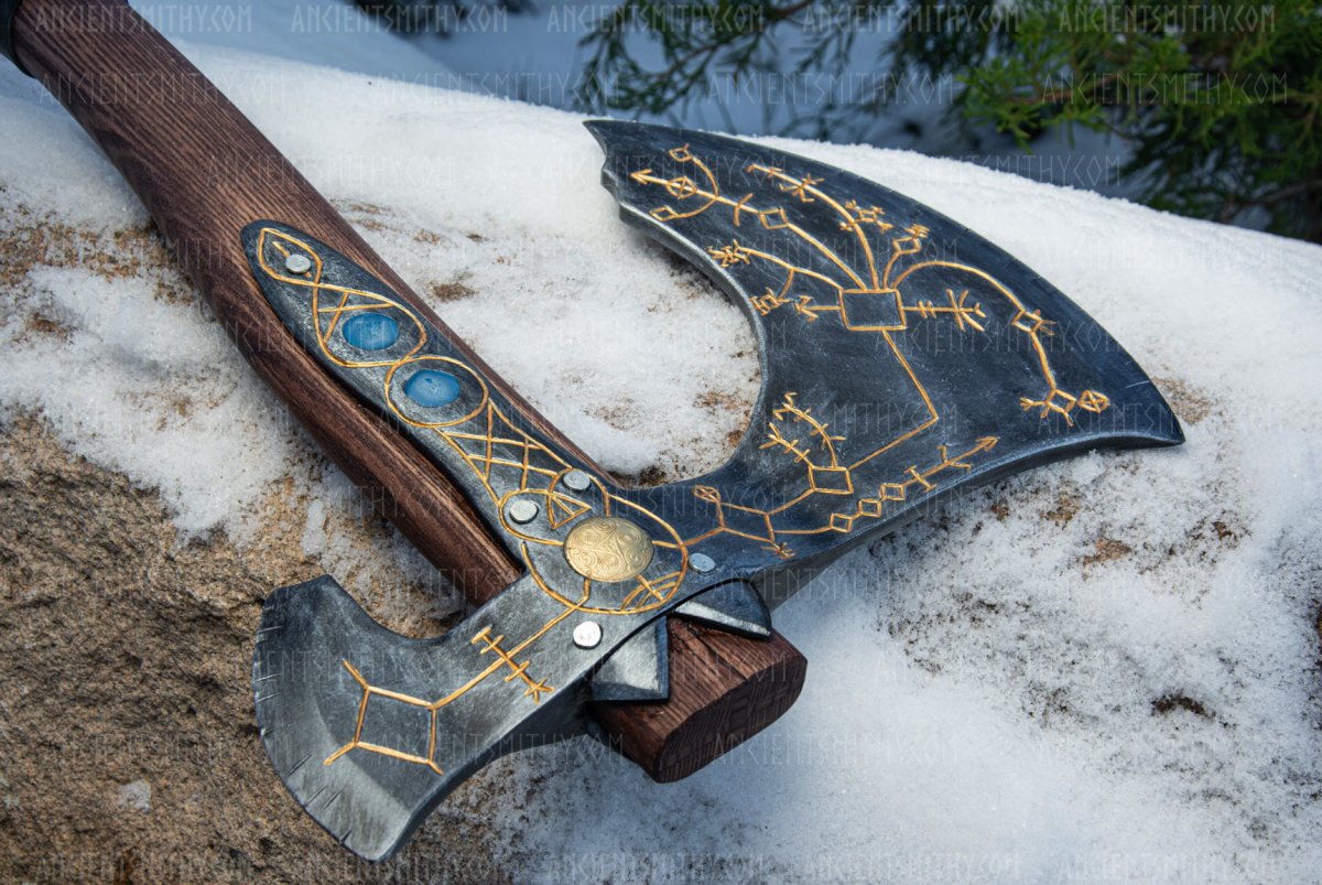 Hand - forged Leviathan axe with leather wrap from AncientSmithy