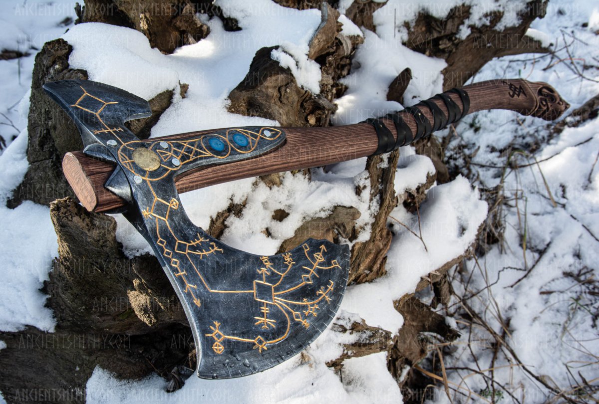 Hand - forged Leviathan axe with leather wrap from AncientSmithy