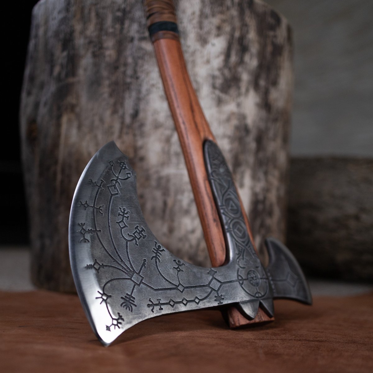 Hand-forged Leviathan axe with leather wrap from AncientSmithy