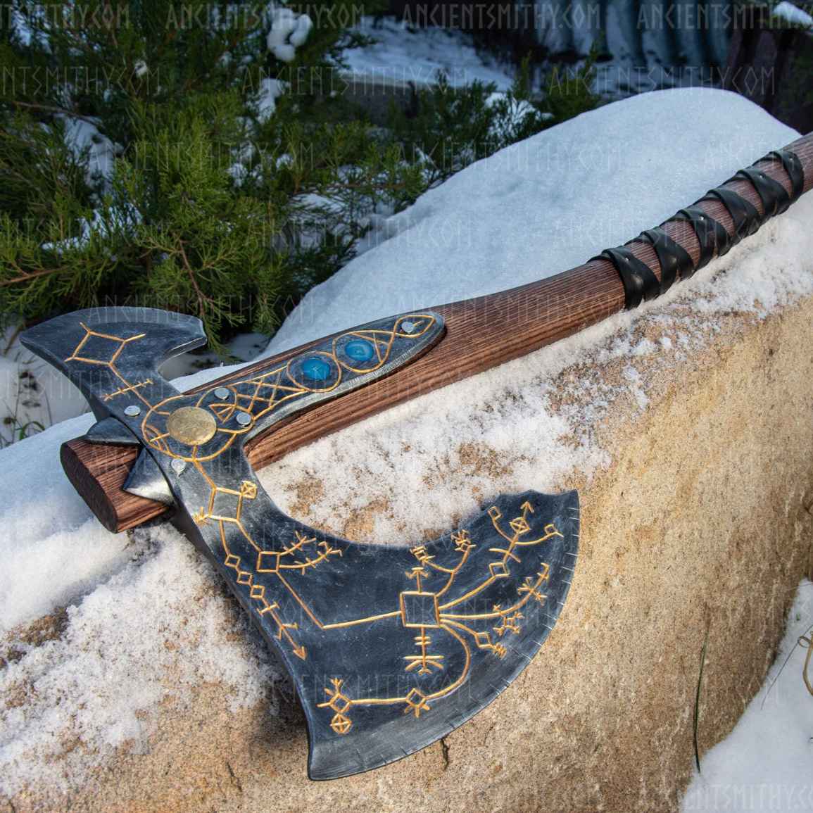 Hand - forged Leviathan axe with leather wrap from AncientSmithy