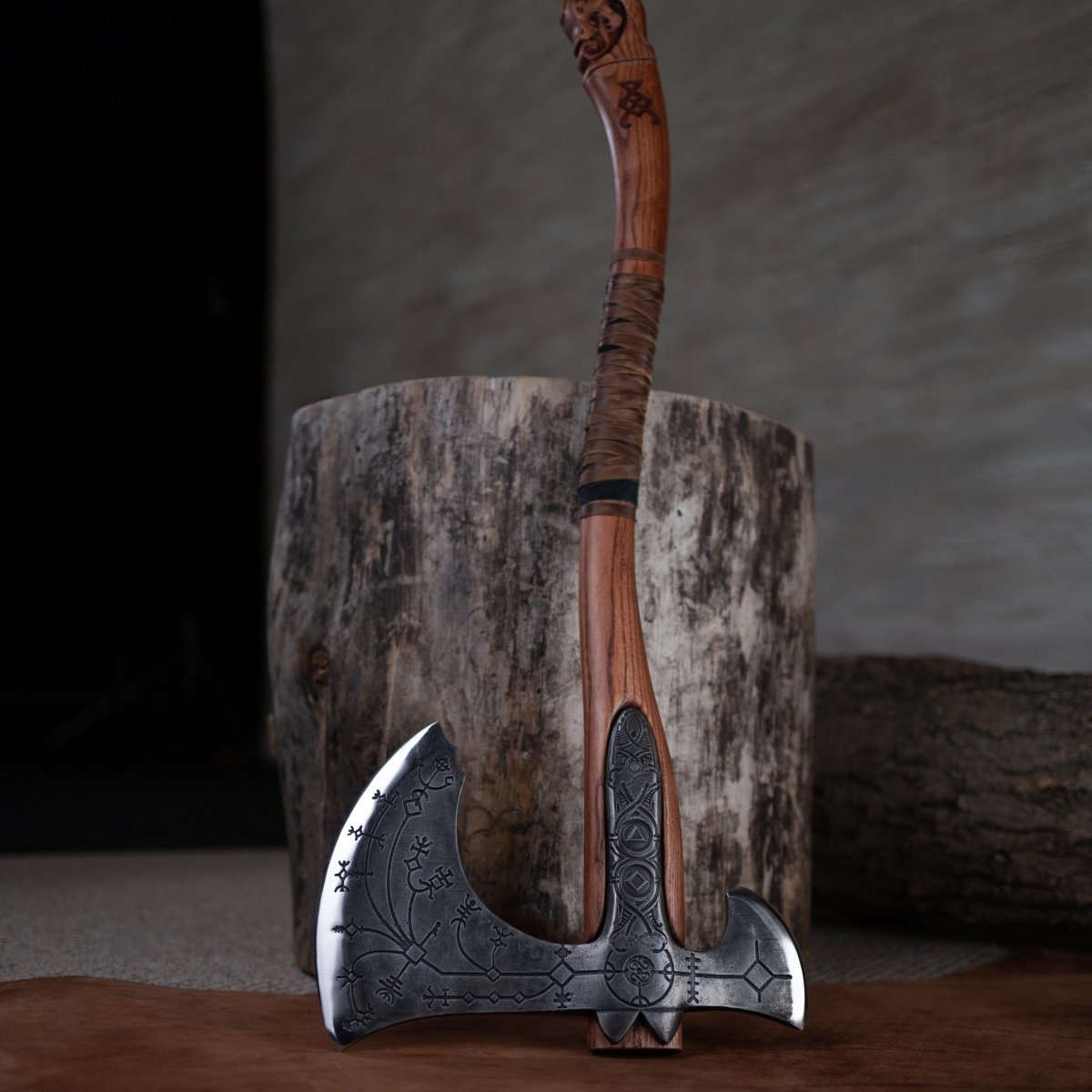 Hand-forged Leviathan axe with leather wrap from AncientSmithy