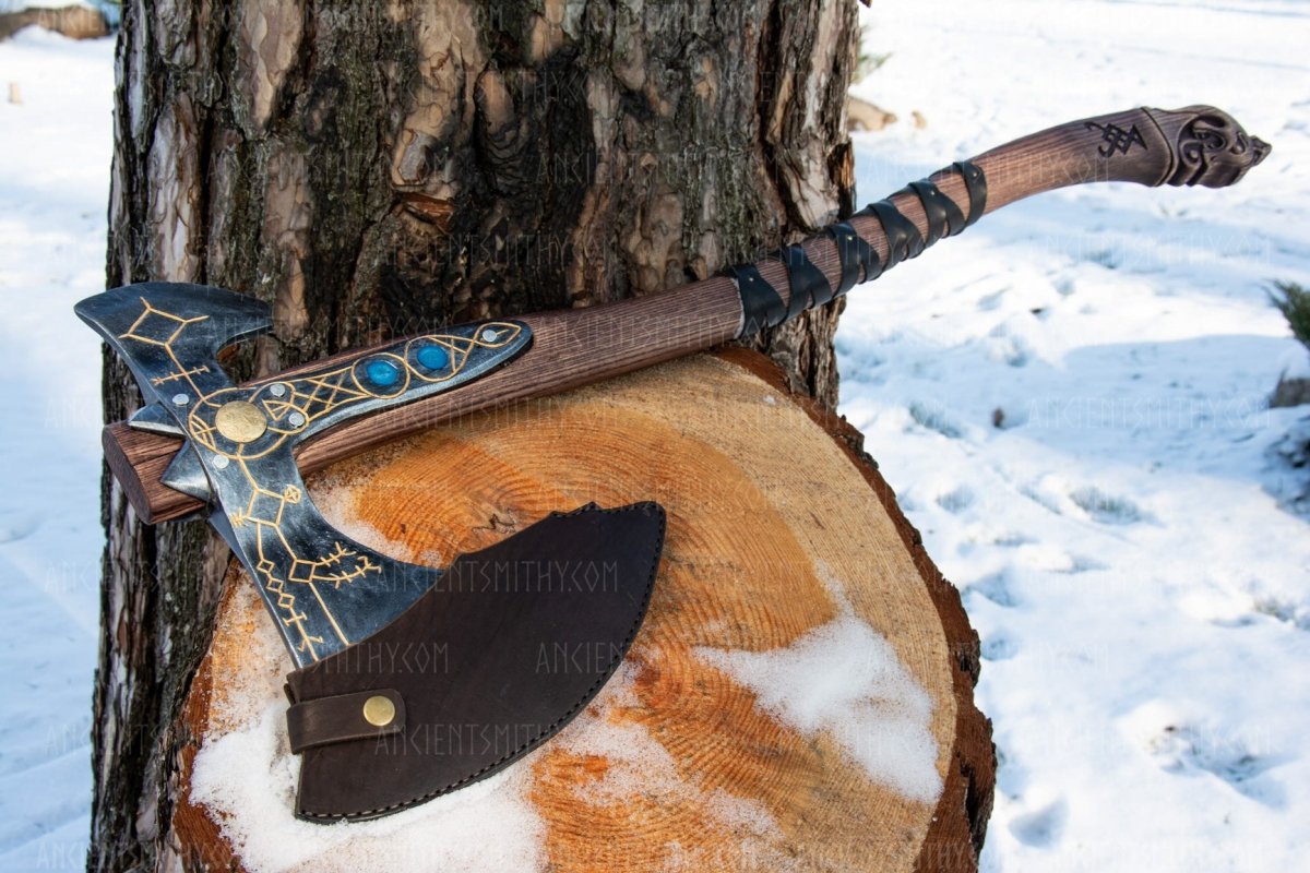 Hand - forged Leviathan axe with leather wrap from AncientSmithy