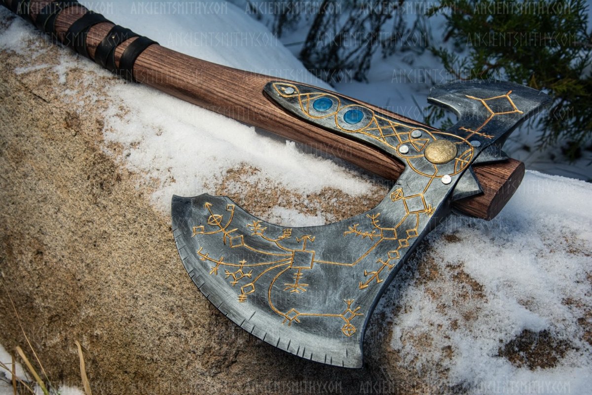 Hand - forged Leviathan axe with leather wrap from AncientSmithy