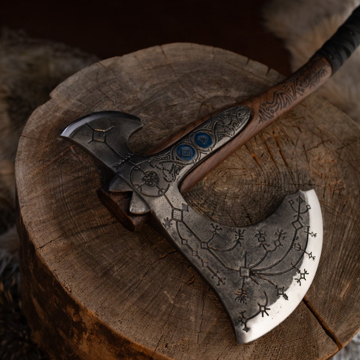 Hand-forged "Ragnarok Kratos axe" with carved handle and Glow-in-the-Dark Runes from AncientSmithy
