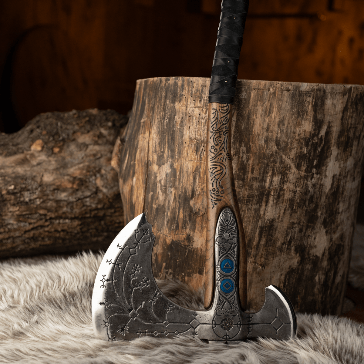 Hand-forged "Ragnarok Kratos axe" with carved handle and Glow-in-the-Dark Runes from AncientSmithy