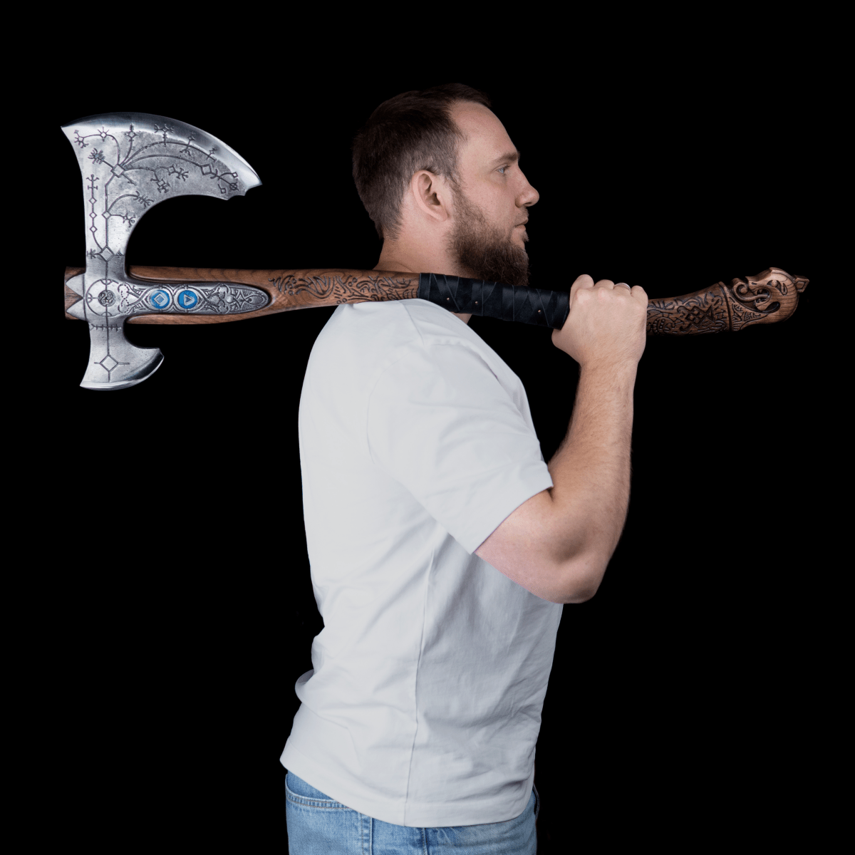 Hand-forged "Ragnarok Kratos axe" with carved handle and Glow-in-the-Dark Runes from AncientSmithy