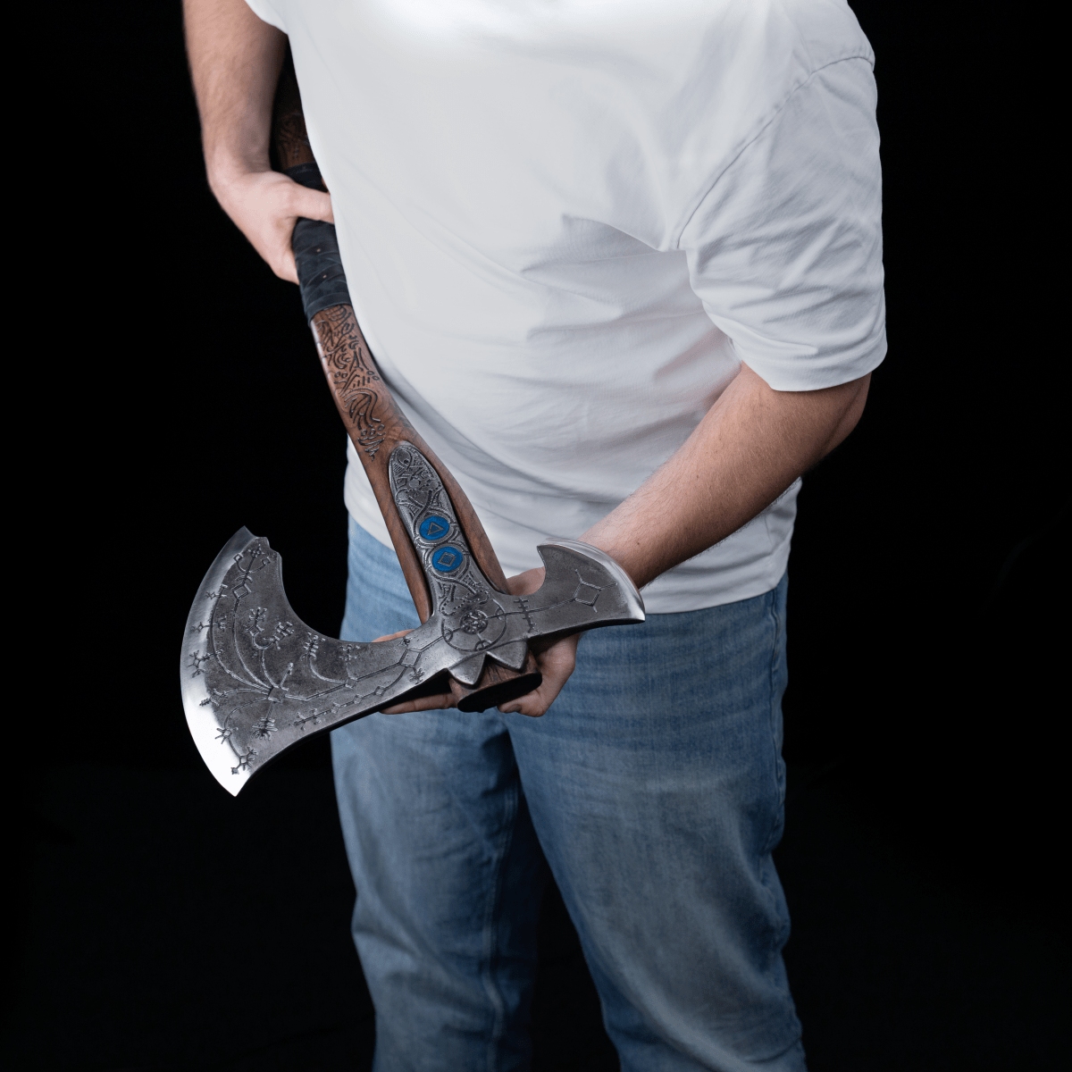 Hand-forged "Ragnarok Kratos axe" with carved handle and Glow-in-the-Dark Runes from AncientSmithy