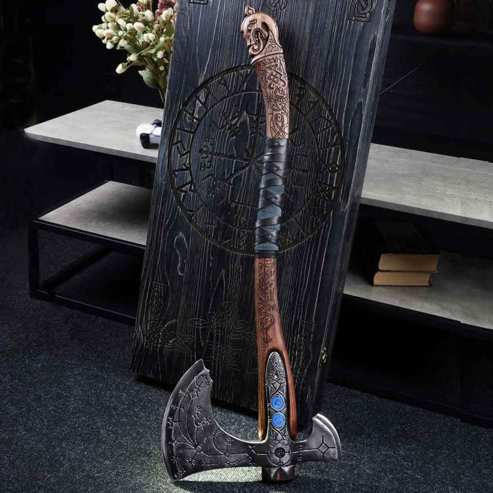 Hand - forged "Ragnarok Kratos axe" with carved handle and Luminescent Glow - in - the - Dar Runes from AncientSmithy