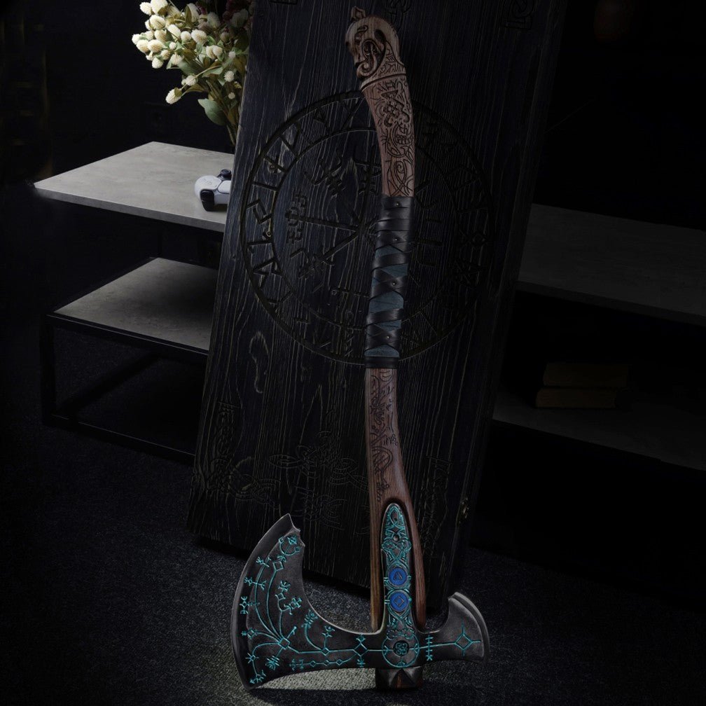 Hand - forged "Ragnarok Kratos axe" with carved handle and Luminescent Glow - in - the - Dar Runes from AncientSmithy