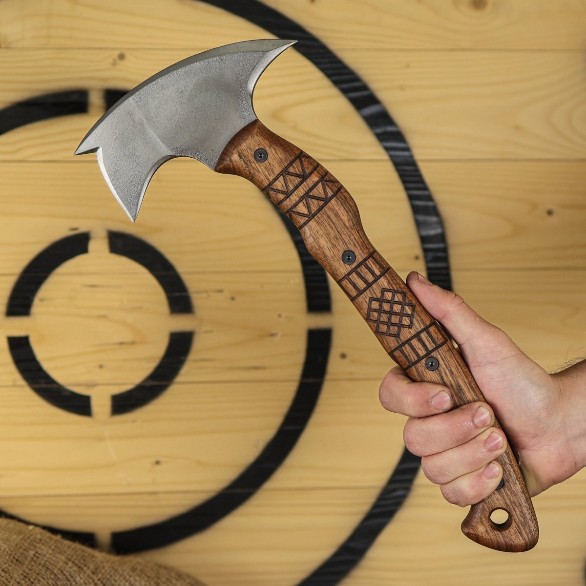 Hand forged tomahawk "Tarakon" with tribal engraving from AncientSmithy