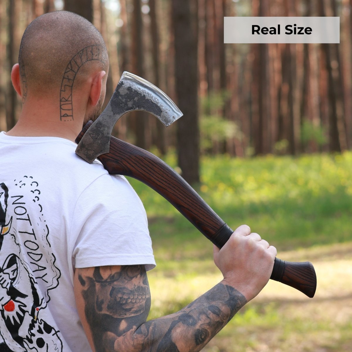 Hand forged Viking axe "Svart barbar" with carved handle from AncientSmithy