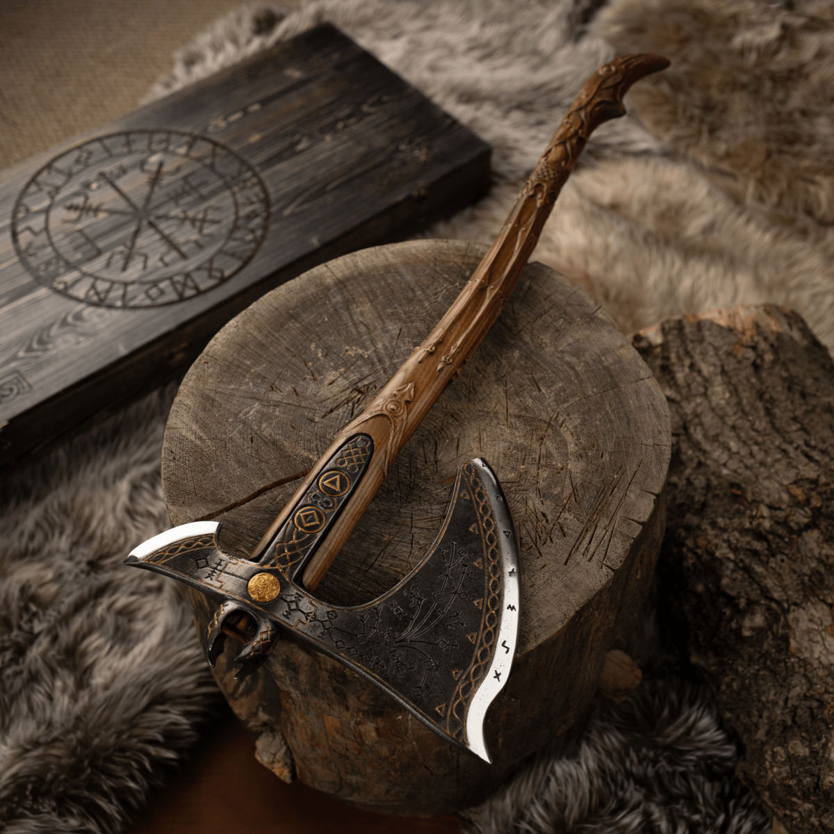 Handcrafted Leviathan axe with glow in the dark runes from AncientSmithy