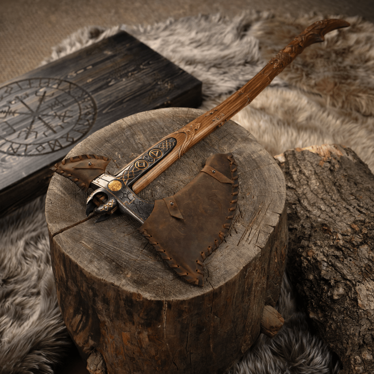 Handcrafted Leviathan axe with glow in the dark runes from AncientSmithy