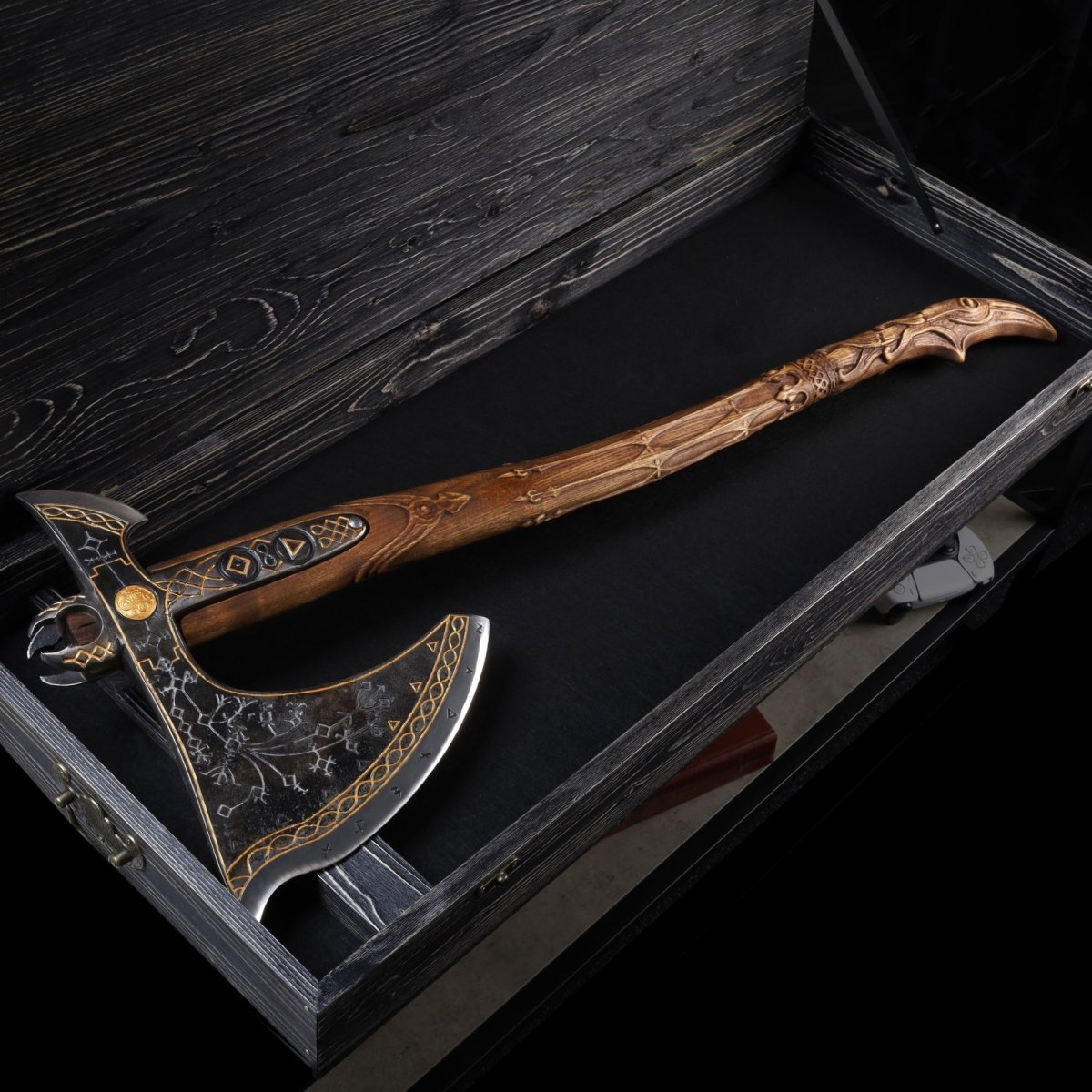Handcrafted Leviathan axe with leather cover and glow in the dark runes from AncientSmithy