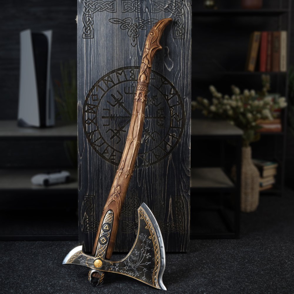 Handcrafted Leviathan axe with leather cover and glow in the dark runes from AncientSmithy