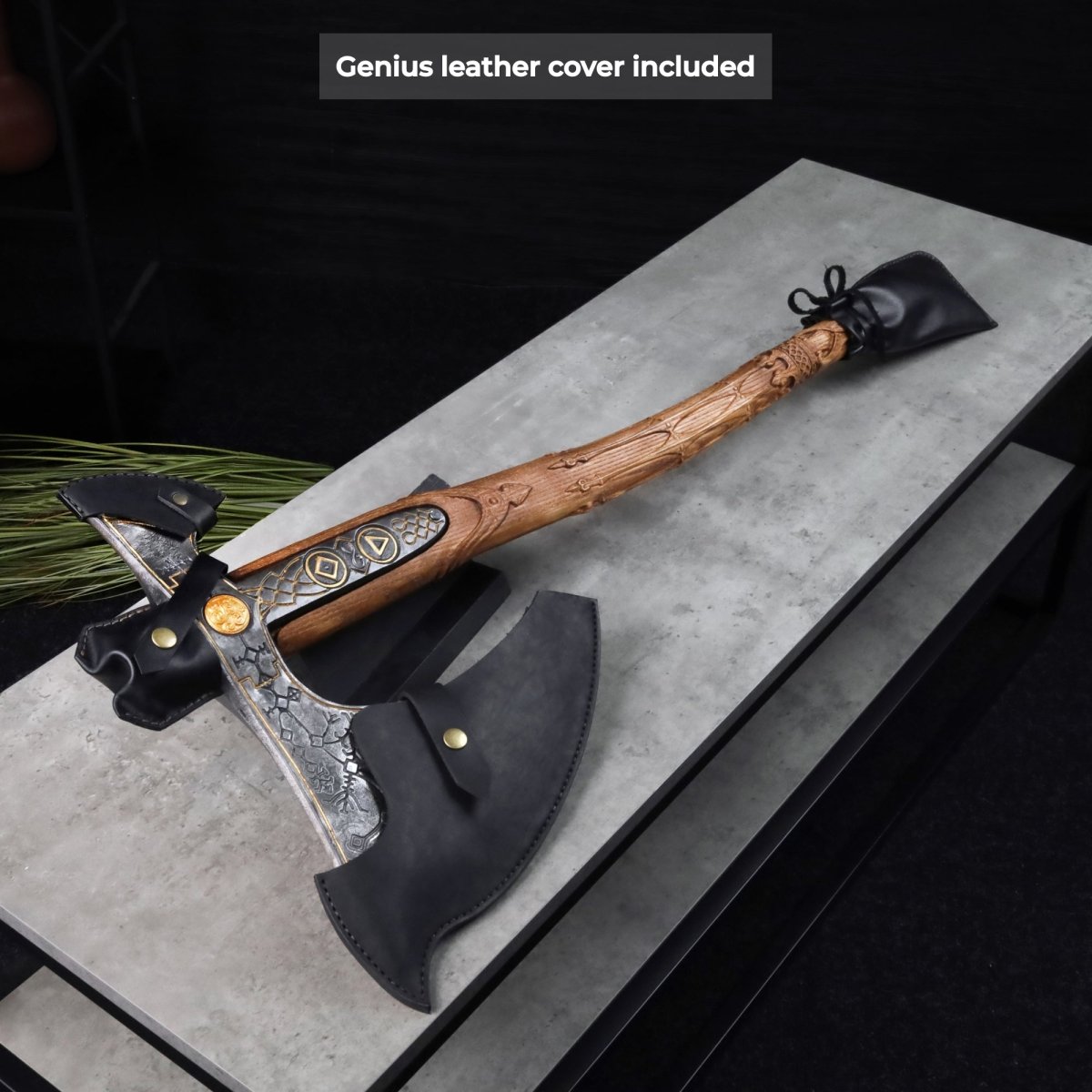 Handcrafted Leviathan axe with leather cover and glow in the dark runes from AncientSmithy