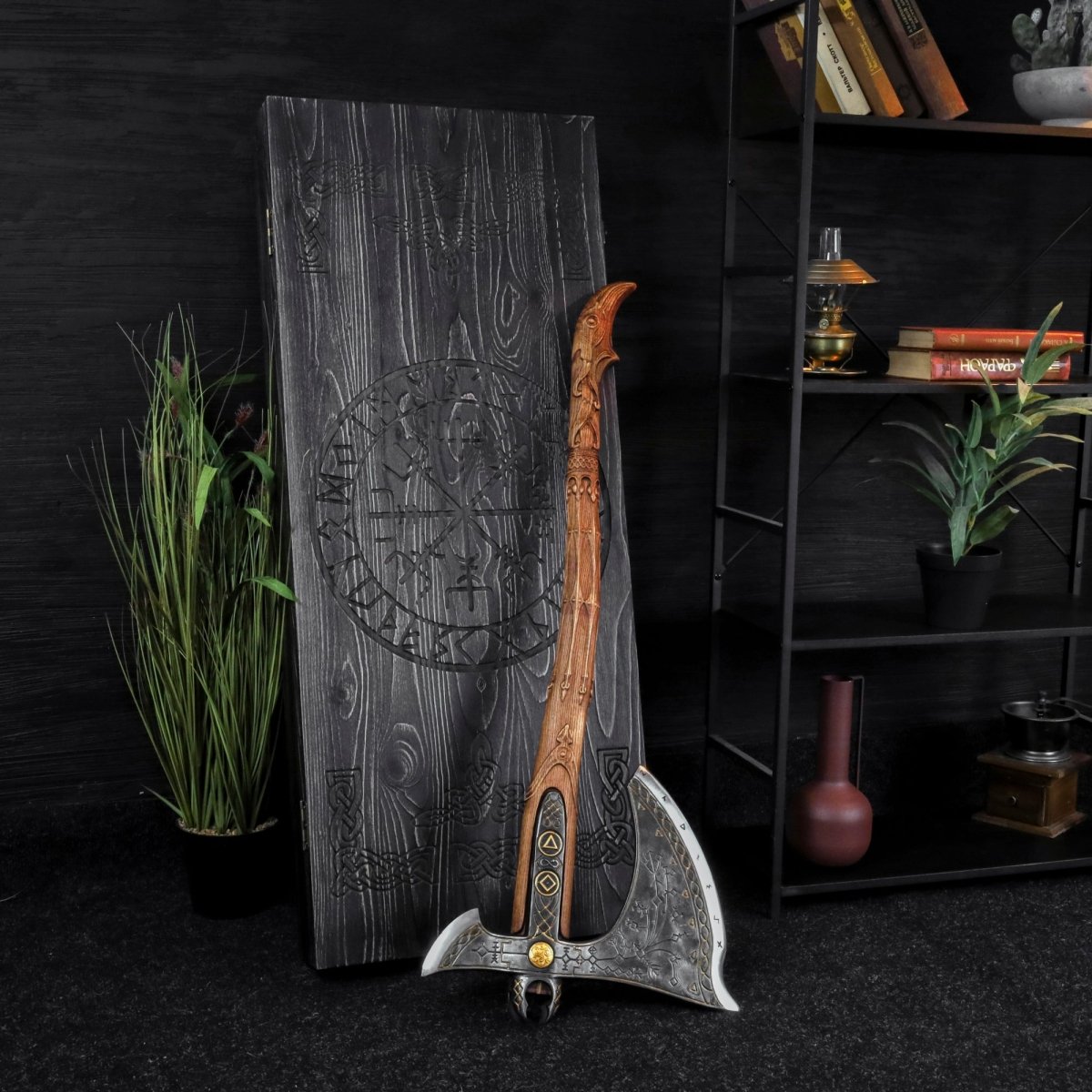 Handcrafted Leviathan axe with leather cover and glow in the dark runes from AncientSmithy