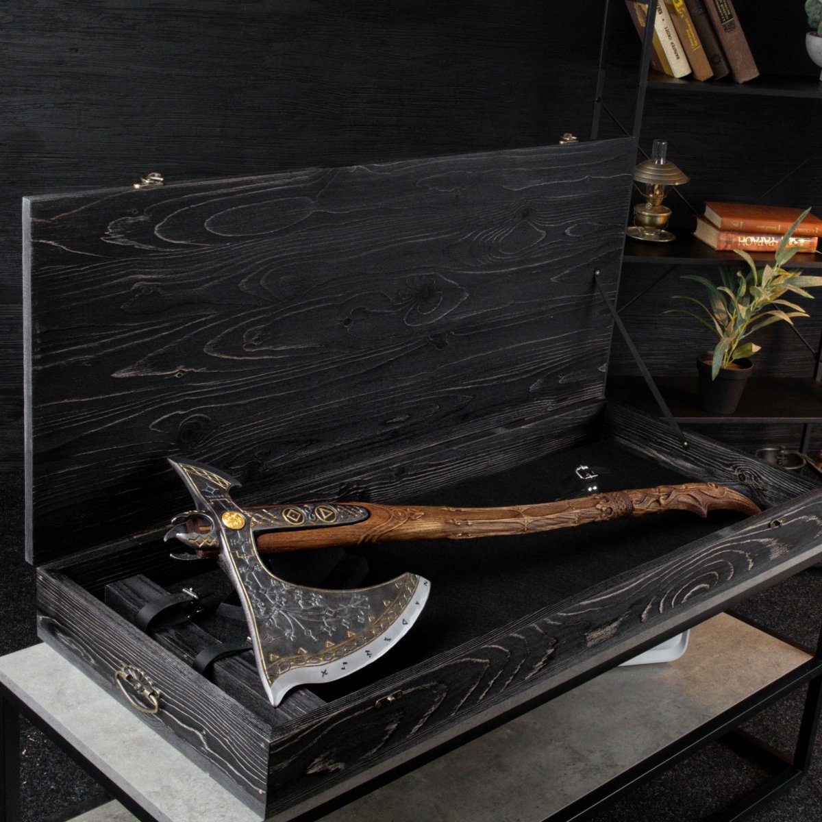 Handcrafted Leviathan axe with leather cover and glow in the dark runes from AncientSmithy