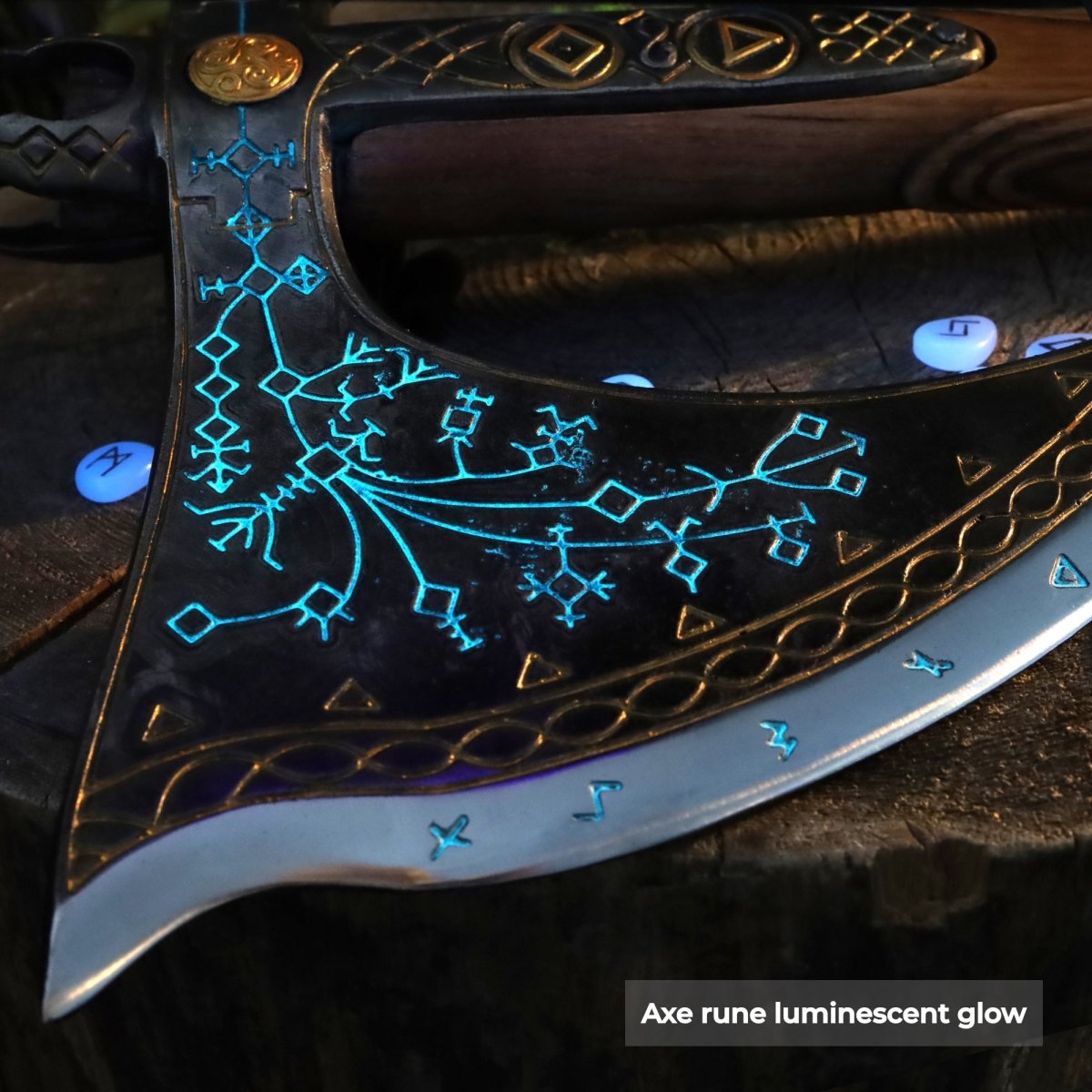 Handcrafted Leviathan axe with leather cover and glow in the dark runes from AncientSmithy