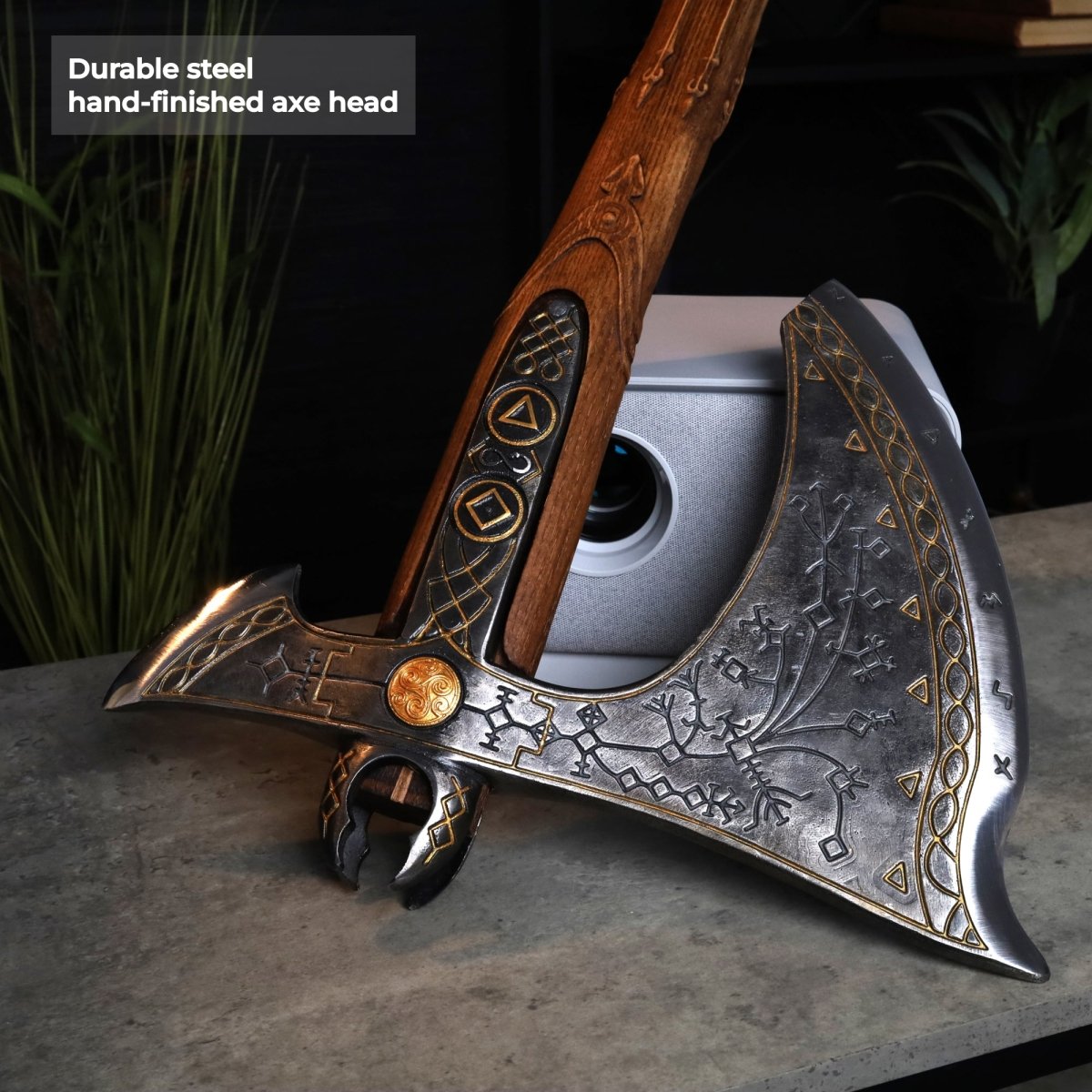 Handcrafted Leviathan axe with leather cover and glow in the dark runes from AncientSmithy