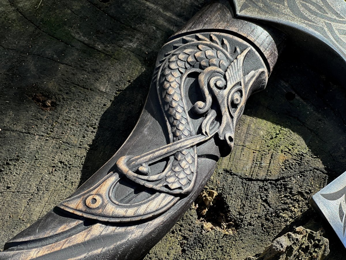 Handmade bearded axe "Fenrisulfr" with engraved handle (old model) from AncientSmithy