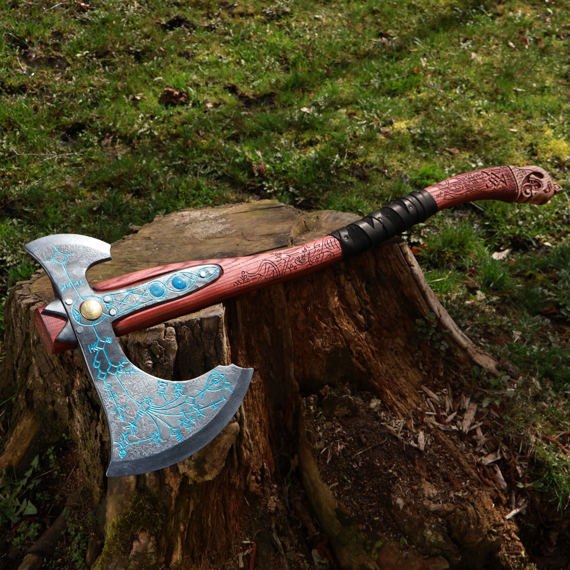 Hand-forged Leviathan axe(hardened head) with leather wrapped and carving handle