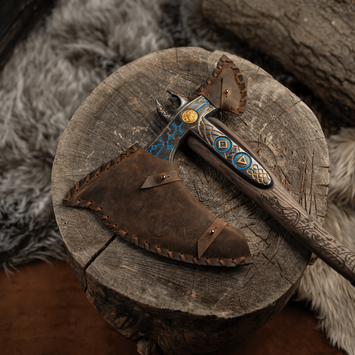 Leviathan Kratos axe with carved handle 34.25" from AncientSmithy