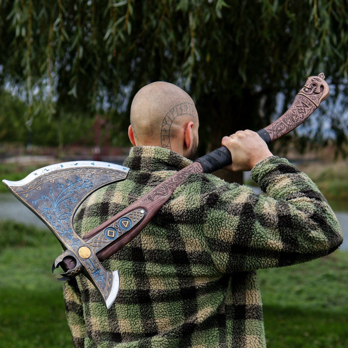 Leviathan Kratos axe with carved handle 35.8" from AncientSmithy