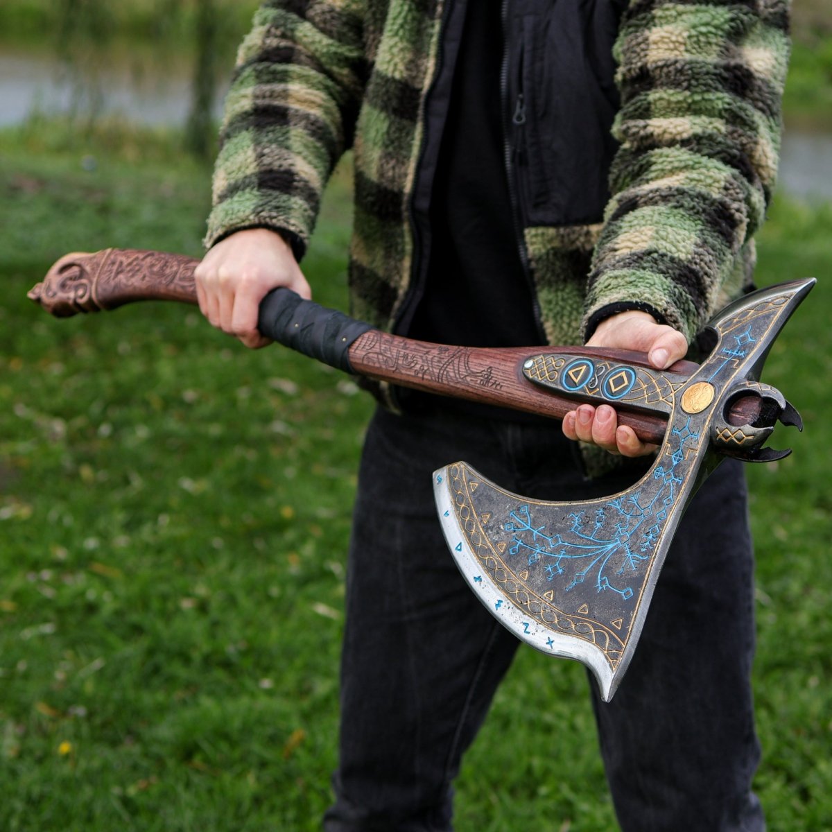 Leviathan Kratos axe with carved handle 35.8" from AncientSmithy