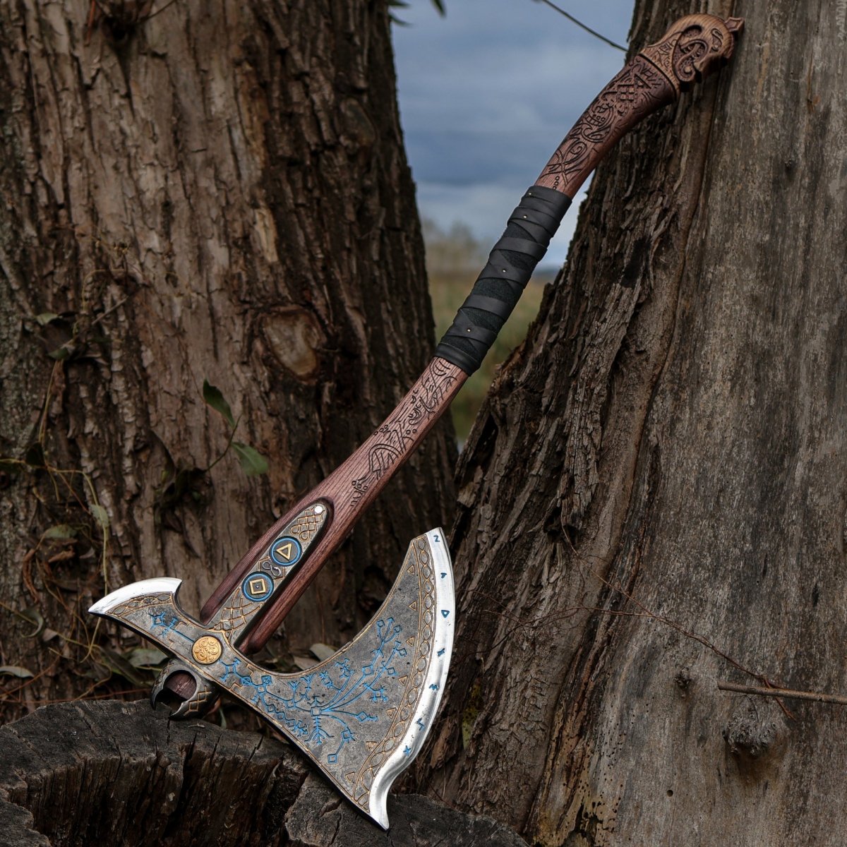 Leviathan Kratos axe with carved handle 35.8" from AncientSmithy