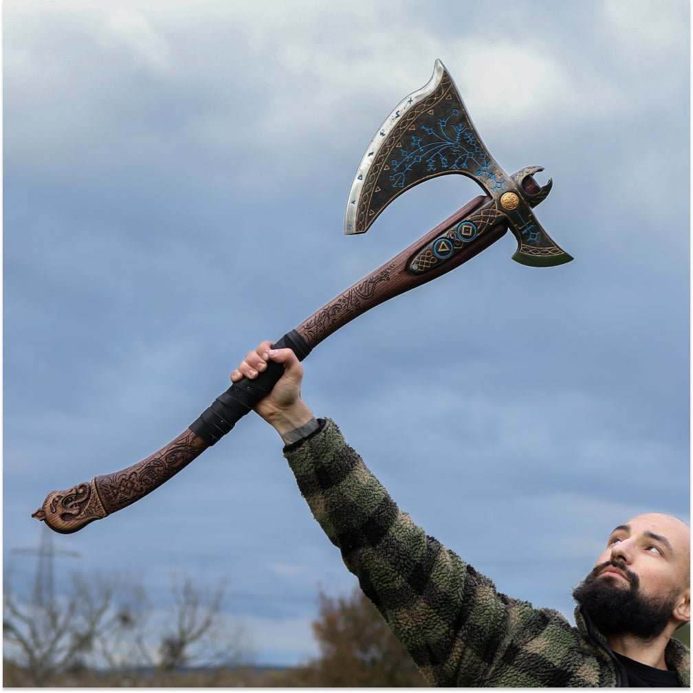 Leviathan Kratos axe with carved handle 35.8" from AncientSmithy