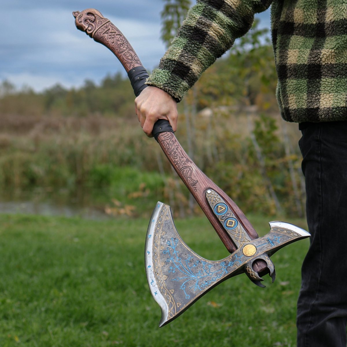 Leviathan Kratos axe with carved handle 35.8" from AncientSmithy