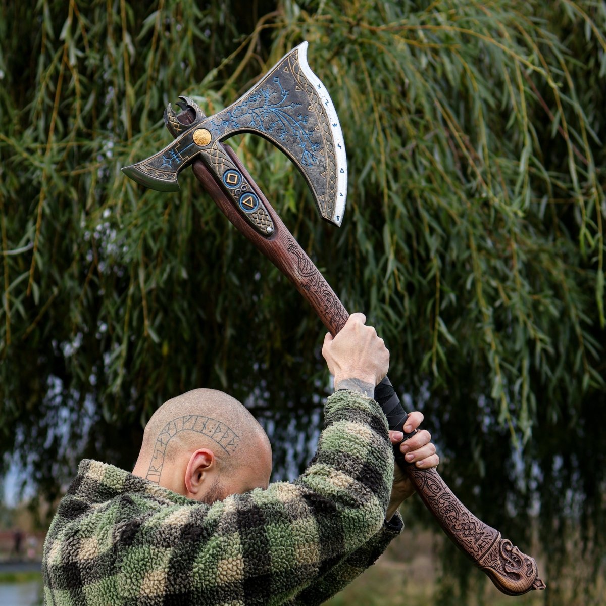 Leviathan Kratos axe with carved handle 35.8" from AncientSmithy