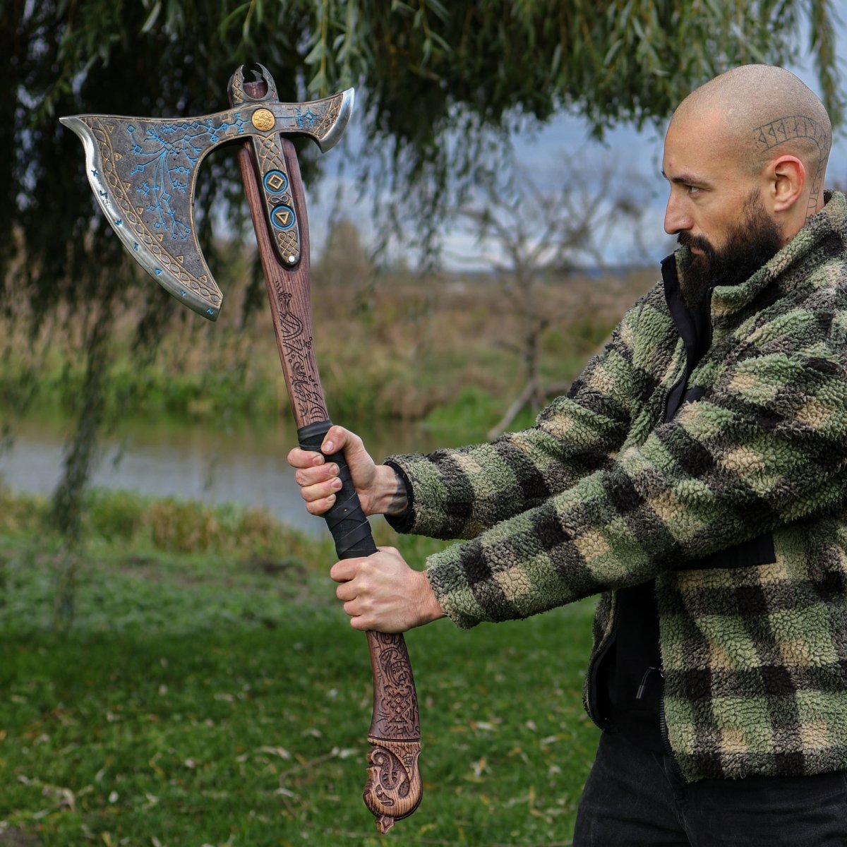 Leviathan Kratos axe with carved handle 35.8" from AncientSmithy