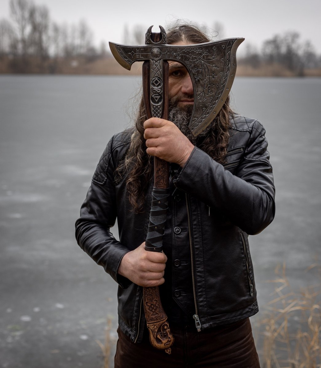 Real Leviathan axe with Glow - in - the - Dar Runes from AncientSmithy