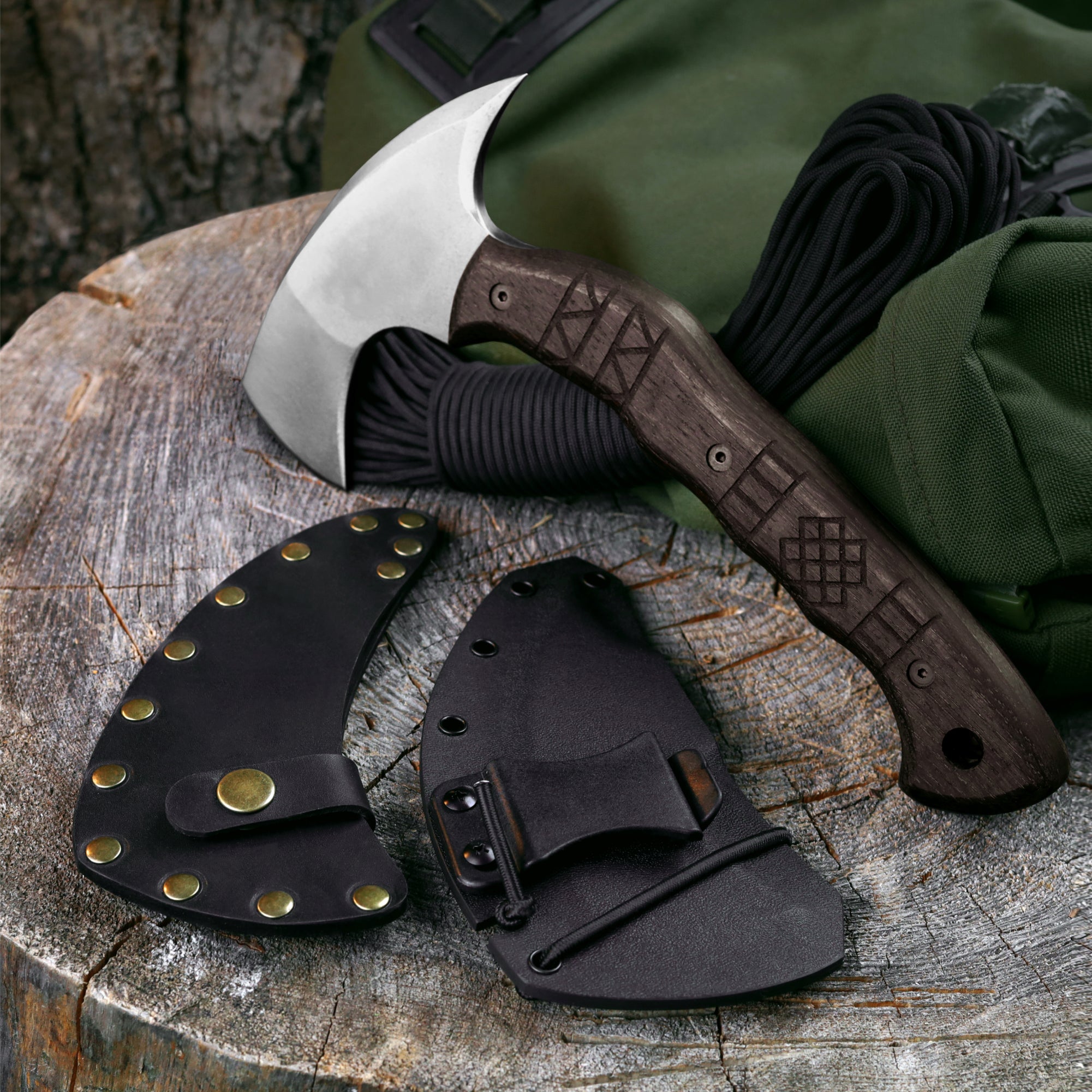 Compact tomahawk "Otokan" with tribal engraving