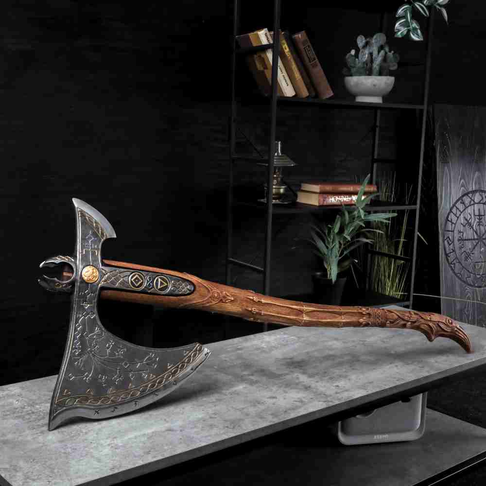 Handcrafted Leviathan axe with leather cover and glow in the dark runes