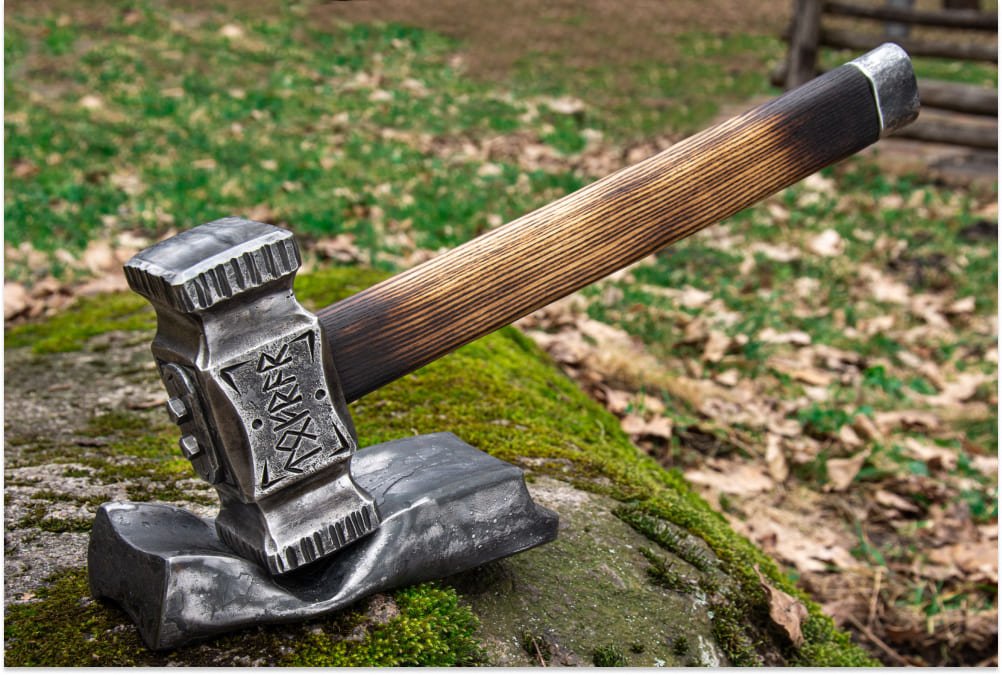 Hand-forged blacksmith hammer "Poseidon" 5.07lb with runes from AncientSmithy