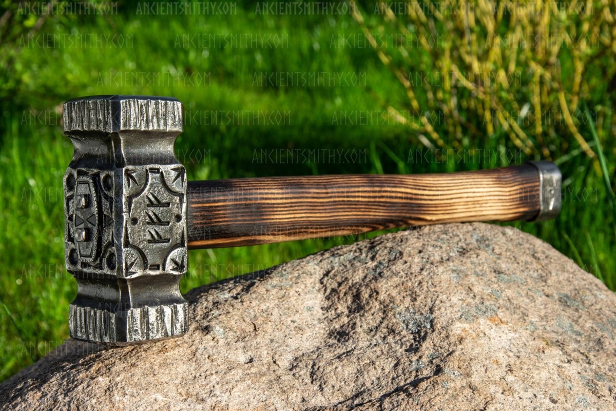 Hand-forged blacksmith hammer "Zeus" 9,25lb with runes from AncientSmithy