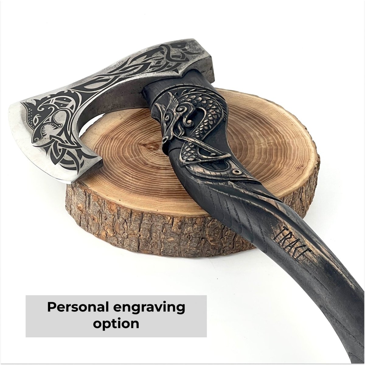 Hand-forged hardened bearded viking axe "Fenrisulfr" with carved handle from AncientSmithy