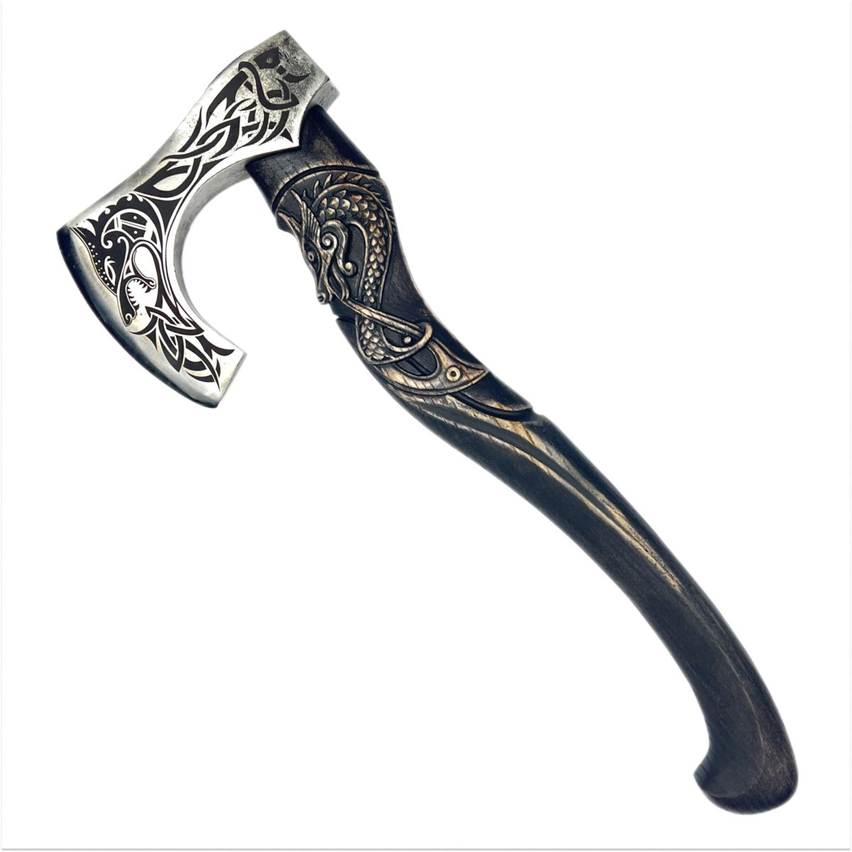 Hand-forged hardened bearded viking axe "Fenrisulfr" with carved handle from AncientSmithy