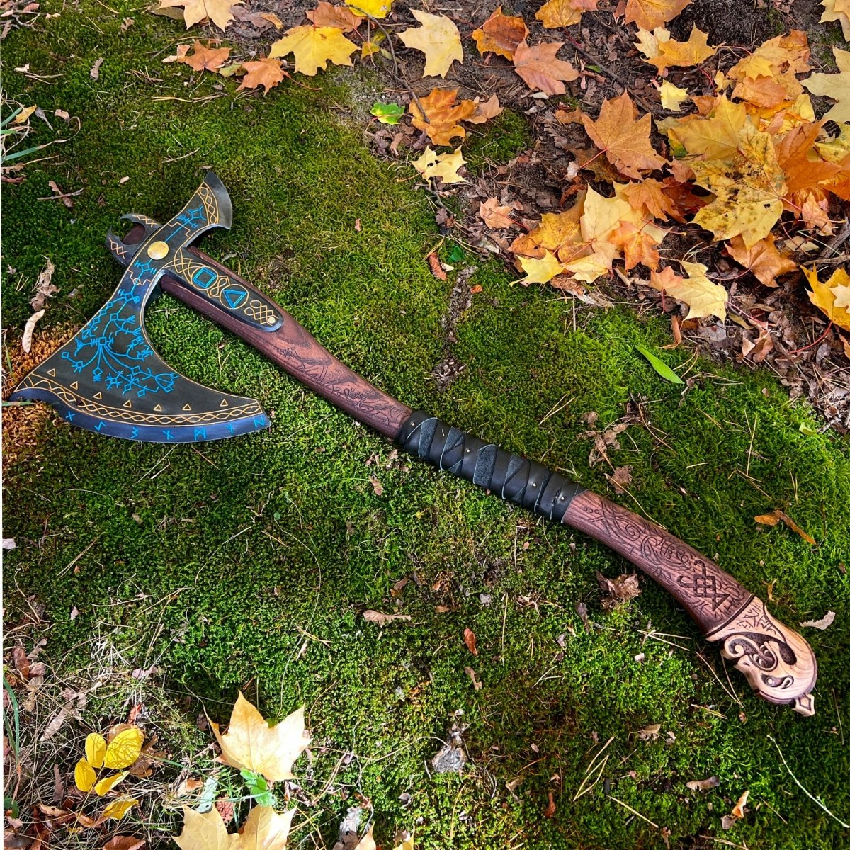 Hand-forged Leviathan axe with carved handle 35.8" - Kratos axe with leather wrap 8 lbs from AncientSmithy