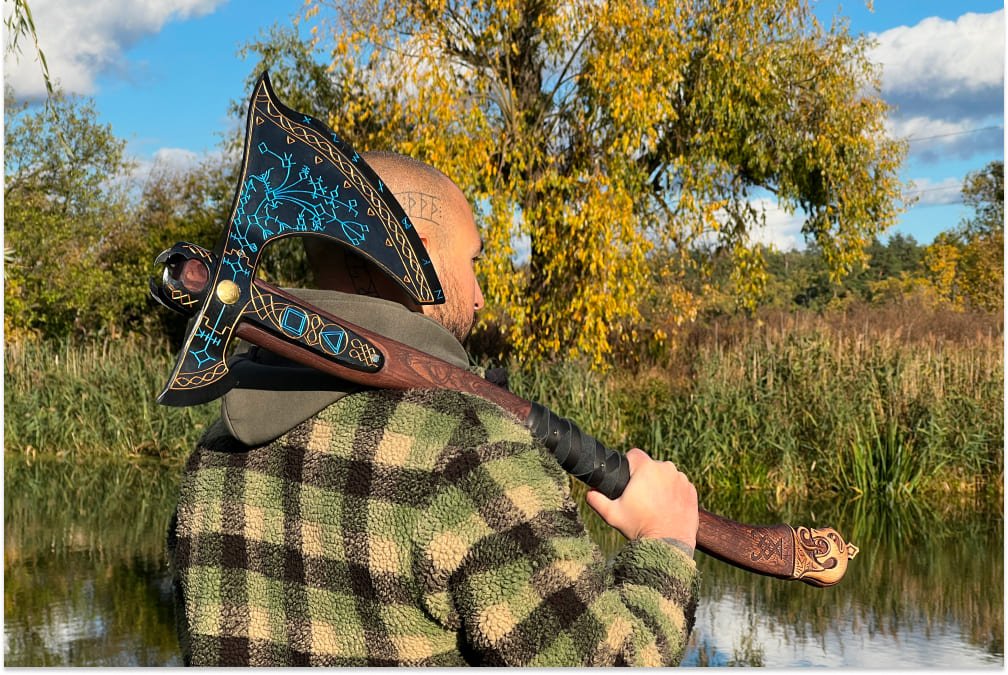 Hand-forged Leviathan axe with carved handle 35.8" - Kratos axe with leather wrap 8 lbs from AncientSmithy