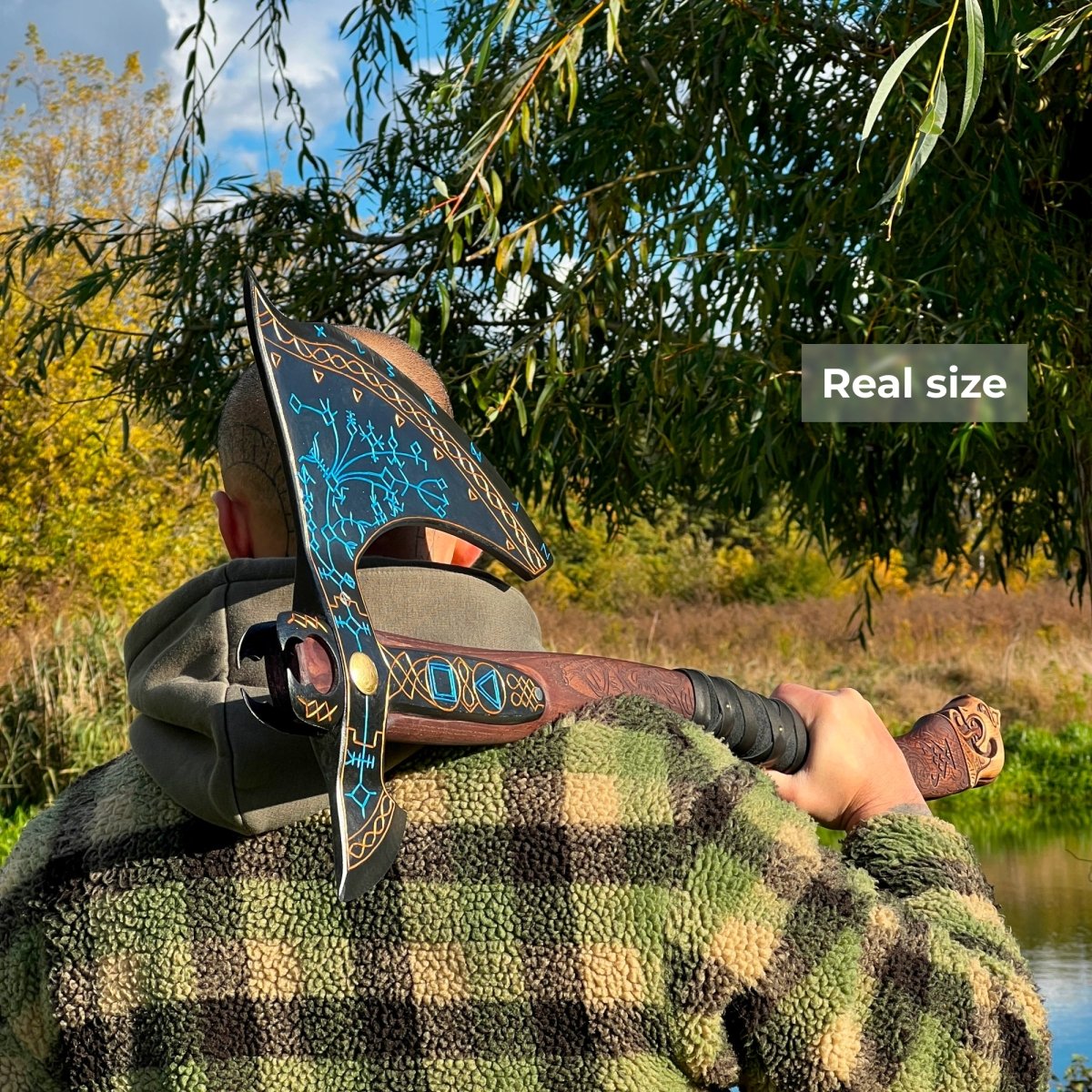 Hand-forged Leviathan axe with carved handle 35.8" - Kratos axe with leather wrap 8 lbs from AncientSmithy