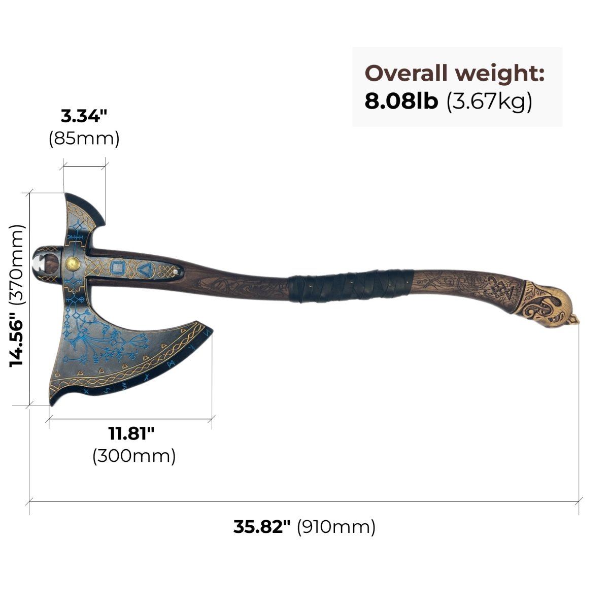 Hand-forged Leviathan axe with carved handle 35.8" - Kratos axe with leather wrap 8 lbs from AncientSmithy