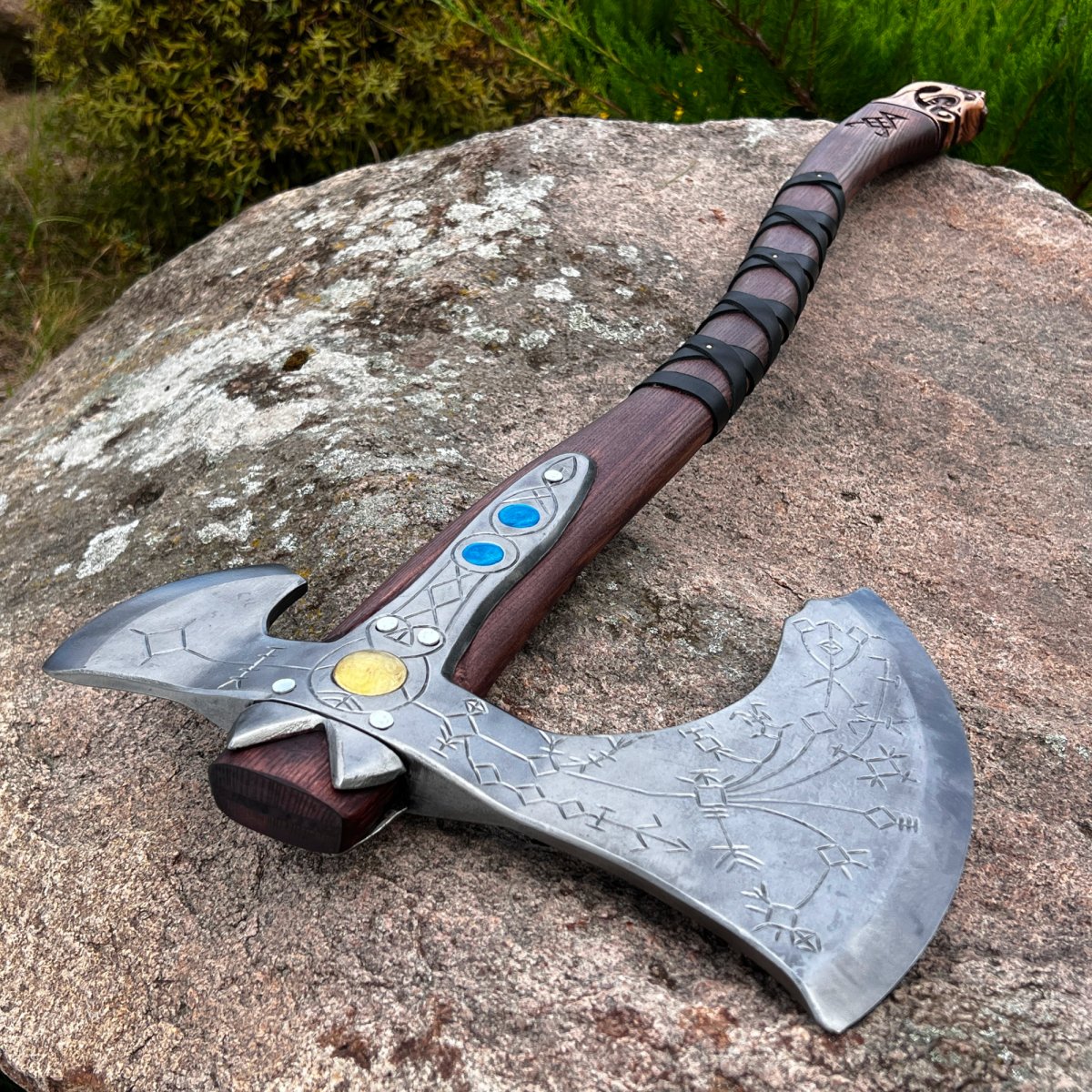 Hand-forged Leviathan axe with leather wrap from AncientSmithy