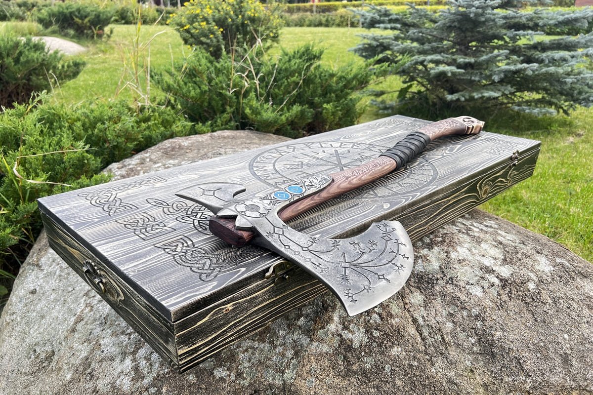 Hand-forged "Ragnarok Kratos axe" with carved handle from AncientSmithy