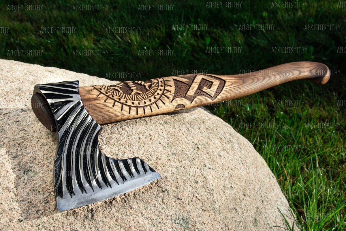 Hand forged Viking axe "Svart barbar" with carved handle from AncientSmithy