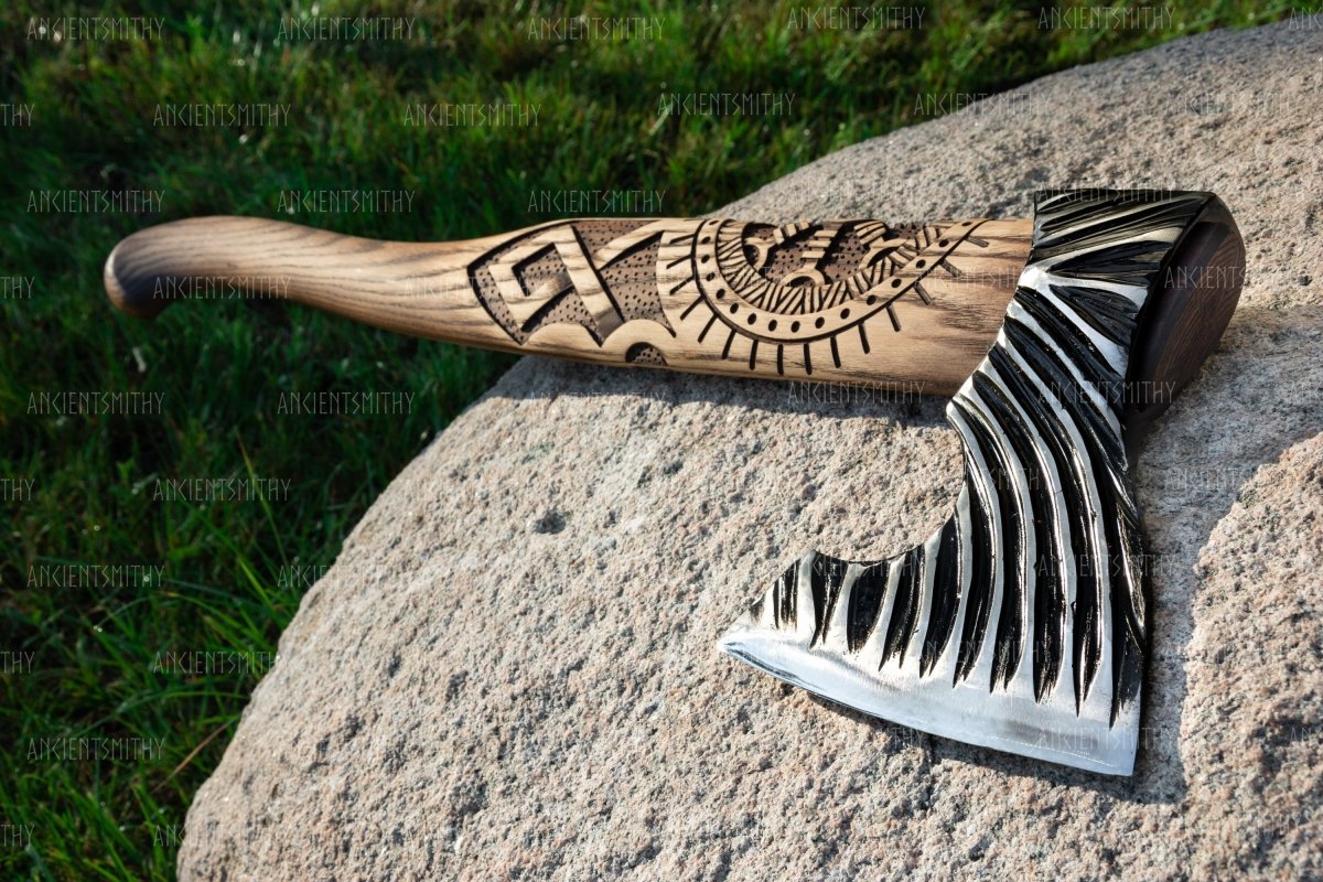 Hand forged Viking axe "Svart barbar" with carved handle from AncientSmithy