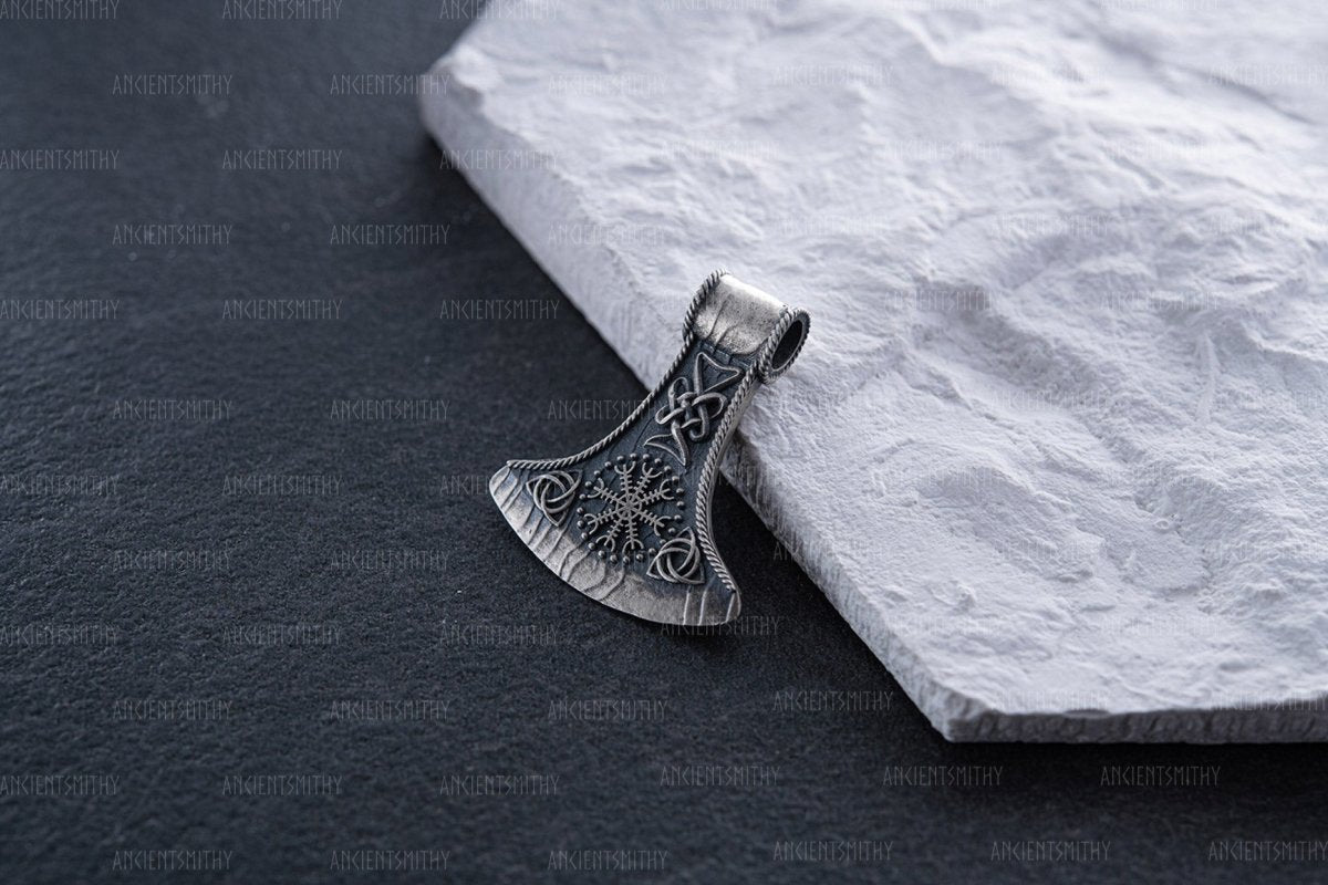 Silver Axe Pendant with Helm of Awe Symbol "Frigg" from AncientSmithy